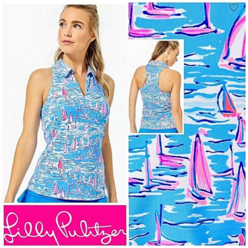 Lilly Pulitzer Luxletic L Lakelyn Bra Polo UPF50 Zanzibar Blue Boatylicious